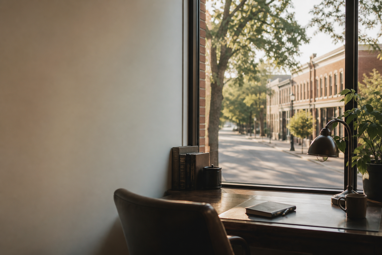 A quiet office overlooking a tree-lined Fredericton street